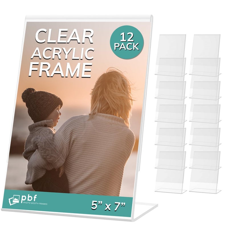pbf PHOTO BOOTH FRAMES pbf 5x7 Acrylic Sign Holder | 5 x 7 Vertical Stand Up Slanted Sign Holder | Acrylic Stands for Display | Clear Picture Frame, Menu Table Top Stand, Plastic Flyer Holder (12-Pack) - Image 1